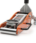 Low Profile 2 Ton Floor Jack With Aluminum And Steel Build, Dual Pump System For Lightning Fast Lifts, Ideal For Cars, Trucks And SUVs, Heavy Duty Hydraulic Jack In Bright Orange close-up view