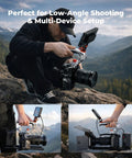 Photographer using Dual Mount Camera Top Handle With NATO Clamp And ARRI Locating Pins for low-angle shooting, multi-device setup
