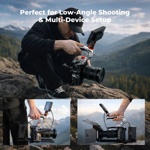 Photographer using Dual Mount Camera Top Handle With NATO Clamp And ARRI Locating Pins for low-angle shooting, multi-device setup