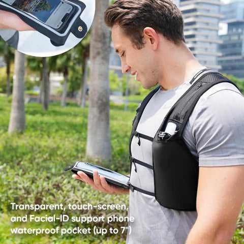 Man wearing High Visibility Reflective Running Vest Hydration Backpack Plus 500ml Soft Flask outside holding tablet