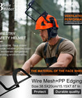 Kickass Vented Forestry Hard Hat With Integrated Mesh Face Shield And Washable Foam Liner Built Rock Solid For The Daily Grind Ansi Certified Orange Safety Helmet Heavy Duty Trade Work Gear worn by a worker in a forest.