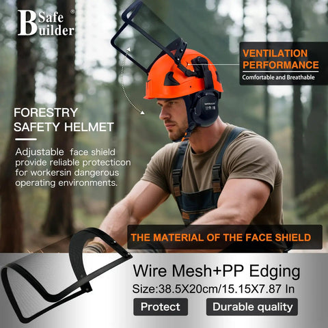 Kickass Vented Forestry Hard Hat With Integrated Mesh Face Shield And Washable Foam Liner Built Rock Solid For The Daily Grind Ansi Certified Orange Safety Helmet Heavy Duty Trade Work Gear worn by a worker in a forest.