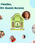 Smart Bird Feeder With Camera For Outdoors All Metal Durability Solar Powered Auto Identify And Record Video Instant Alerts Live Bird Watching The Perfect Gift For Backyard Birders, shown with multiple people icons, green design.