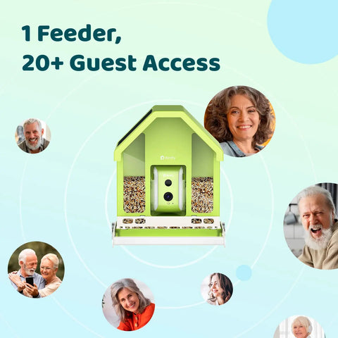 Smart Bird Feeder With Camera For Outdoors All Metal Durability Solar Powered Auto Identify And Record Video Instant Alerts Live Bird Watching The Perfect Gift For Backyard Birders, shown with multiple people icons, green design.