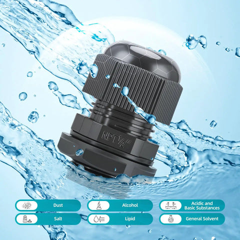 50 Pack Half Inch NPT Cable Glands IP68 Waterproof Nylon Strain Relief Cord Grips Connectors With Gaskets And Locknut Built Tough Weatherproof Wire Grommets For Electrical Industrial Wiring Black, black 1/2 NPT nylon cable gland in water