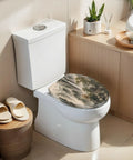 Elongated Misty Mountain Waterfall Landscape Chinoiserie Toilet Seat on white toilet in modern bathroom setting.