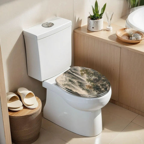 Elongated Misty Mountain Waterfall Landscape Chinoiserie Toilet Seat on white toilet in modern bathroom setting.