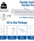 Bendable Ceiling Curtain Track System, Flexible 16.4 Ft Rail For Rooms And RVs, No Tool Needed Mount, Curved White PVC Curtain Rail, 33 lbs capacity.