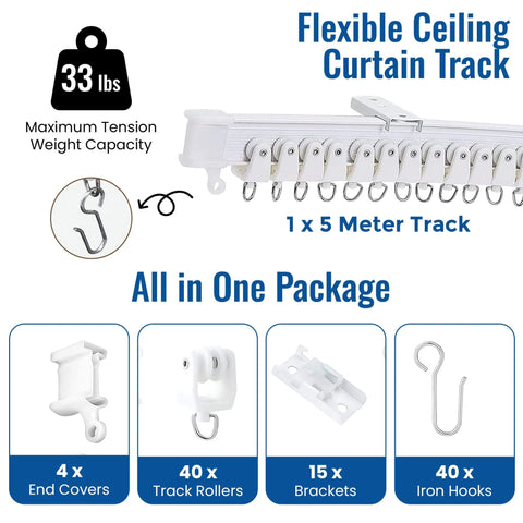 Bendable Ceiling Curtain Track System, Flexible 16.4 Ft Rail For Rooms And RVs, No Tool Needed Mount, Curved White PVC Curtain Rail, 33 lbs capacity.