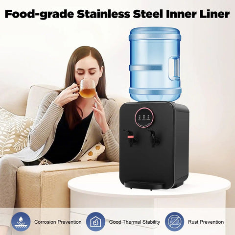 Black hot and cold water dispenser for countertop 1.2 to 5 gallon top loading, shown on white table with woman drinking tea.