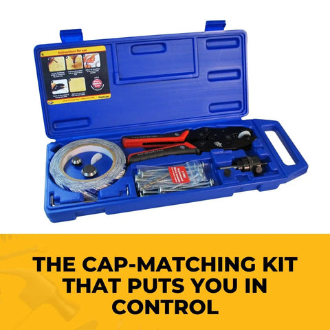 Open blue case showing On Demand Custom Color Punch Kit For Cabinet Making Create Perfectly Matched Caps From Your Veneer Or Edgebanding Ideal For Small Scale Refacing Or Touch Ups Compact Easy To Use For Materials Up To 0.022 Inches Pro Grade Tool For Quick Cap Touchups.