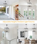 Black 4-Light Farmhouse Chandelier Pendant Light For Dining Room Hallway Kitchen Island Living Room Bedroom, Adjustable Lantern Fixture, 12.6-Inch Lit Lantern Pendant in home settings