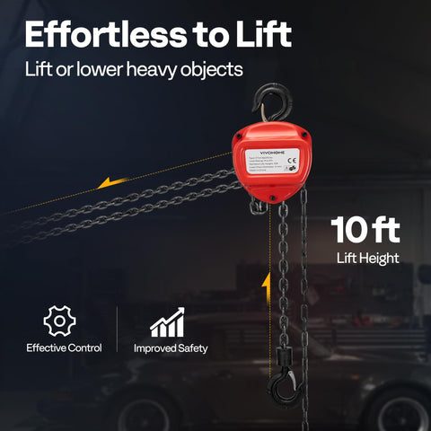 3 Ton 10ft Red Chain Hoist Heavy Duty Manual Pulley Lift With G80 Manganese Steel Chain in garage setting