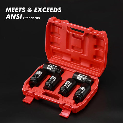 One Half Inch Drive Deep Axle Nut Socket Set, Six Point Impact Sockets 30mm Through 36mm, Six Piece, CR MO Steel in red case