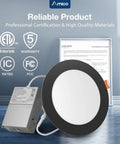 Amico 48 Pack 6 Inch LED Recessed Lighting, Canless Wafer Downlight, Black with certification documents in the background.