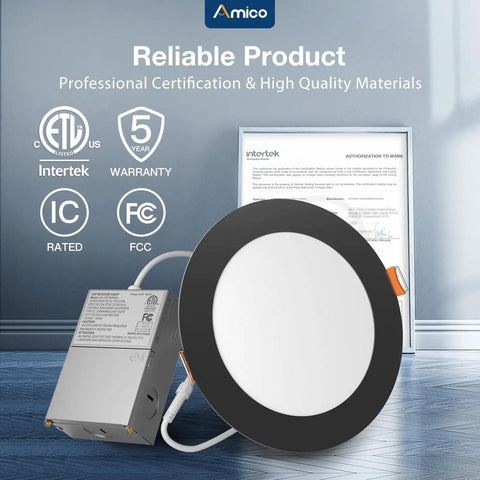 Amico 48 Pack 6 Inch LED Recessed Lighting, Canless Wafer Downlight, Black with certification documents in the background.
