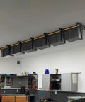 Installed heavy duty ceiling garage storage racks for bins and totes, space saving overhead organizer with adjustable width, 7 pack
