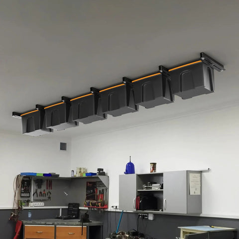 Installed heavy duty ceiling garage storage racks for bins and totes, space saving overhead organizer with adjustable width, 7 pack