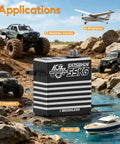 Beefy 55Kg Waterproof Brushless RC Servo Motor for 1 by 10 and 1 by 8 scale rigs, shown with model trucks and boat in water