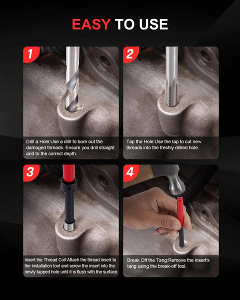 Kolvoii M10×1.0 Helicoil thread repair kit infographic showing drill, tap, coil insert, and tang break.