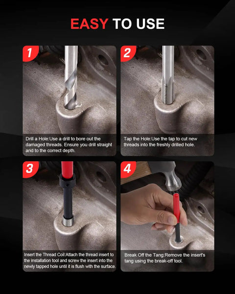 Step-by-step guide using M10x1.25 Helicoil Thread Repair Kit With HSS Drill Bit Tap And Stainless Inserts for easy thread repair