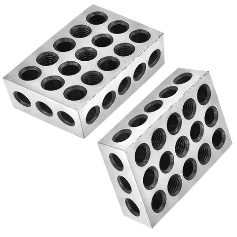 Angled view of two silver LABLT parallel blocks, 1 x 2 x 3 in, with 23 threaded holes
