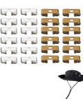 24 Piece Bolo Tie Clasp Kit With Rectangle Slide Clips For Jewelry Making Cord Slider Clasps And Accessories For DIY Western Bolo Tie Craft In Bronze And Platinum Finishes, showing 24 alloy clips in bronze and platinum with a hat.