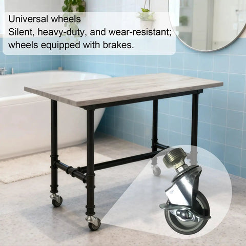 Heavy Duty Table Legs With 360 Degree Swivel Casters For Office Furniture Stand Featuring Lock In Place Brakes on a workshop table.