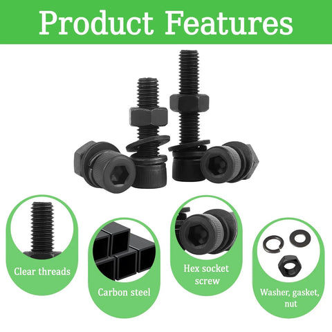 Comprehensive M3 Screws Assortment Kit With Hex Socket Head Bolts M3x5 6 8 10 12 14 20 25mm Nuts And Washers In 12.9 Alloy Steel Black Zinc Plated Finish