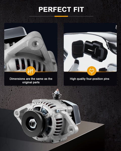 Drop-In Replacement Mini Alternator With Chrome Finish 12180-SEN And 1-2119-11ND Fits Toyota 5FD-23 1986-2007 VT1502 Kubota Diesel 12V 35 Amp CW V1 Pulley showing connectors and fit details.