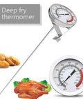 16 Inch Long Stem Deep Fry Thermometer With Pot Clip Two Pack Instant Read 2 Inch Dial Meat Thermometer For Deep Fry Turkey Grill Candy Coffee And More Your Go To BBQ And Grill Ready Multi Purpose Kitchen Tool showing thermometer, turkey, and nuggets