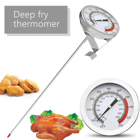 16 Inch Long Stem Deep Fry Thermometer With Pot Clip Two Pack Instant Read 2 Inch Dial Meat Thermometer For Deep Fry Turkey Grill Candy Coffee And More Your Go To BBQ And Grill Ready Multi Purpose Kitchen Tool showing thermometer, turkey, and nuggets