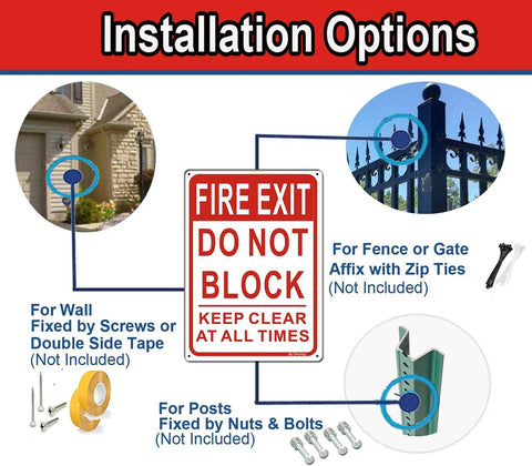 Keep It Clear Fire Exit Sign 10x7 Aluminum Do Not Block Door Weather Resistant Rust Free Easy Mounting 2 Pack High Visibility Red On White For Quick Safety Reminder installation options for wall, fence, and post