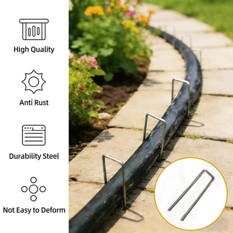 All In One Garden Stake Staples Kit With 100 6 Inch U Shaped Staples 100 Fixing Washers Rubber Mallet Pick Hook And Carry Bag For Weed Barrier Fabric Ground Cover Fence Posts And Artificial Turf displayed in garden