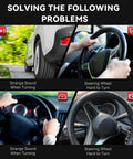 AUQDD lower steering shaft with U-joint coupler; four-panel collage of car exterior, steering wheel, and cabin shots.