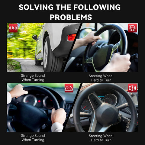 AUQDD lower steering shaft with U-joint coupler; four-panel collage of car exterior, steering wheel, and cabin shots.