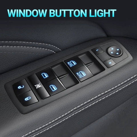 Driver Side Power Window Switch Replacement With Blue Backlit Button for Chrysler, Jeep, Dodge, Ram vehicles, close-up view