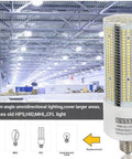 2 Pack LED Corn Light Bulbs 100W Equivalent Daylight 5000K E26 E39 Base with warehouse background, HID replacement illustration