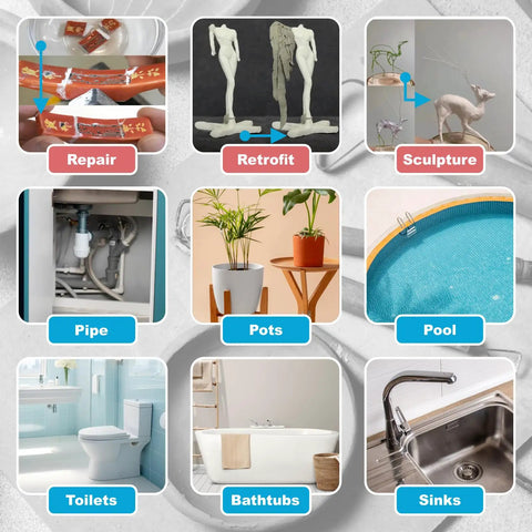 Image collage showing different uses for One Pound White Epoxy Putty Sculpt Clay Two Part A And B, including repair, retrofit, and sculpture.