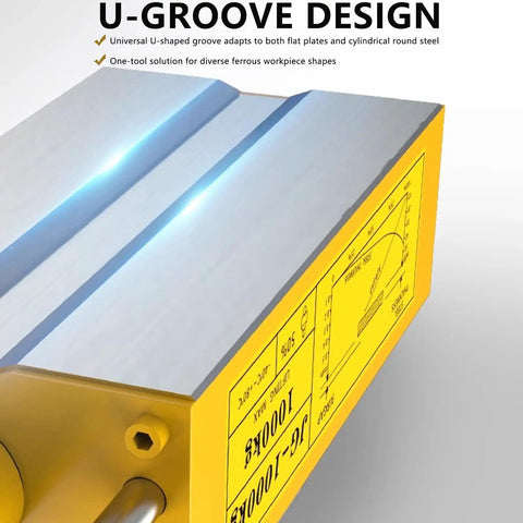 Close-up of Heavy Duty Permanent Magnetic Lifter with U-groove design for two thousand kilogram steel plates and workshop block handlers.