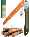 Foldable Camp Saw With 11.4 Inch SK5 Steel Blade, One-Hand Operation shown cutting branches with packaging