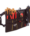 Boss Level Jobsite Utility Waist Pack Featuring Detachable Sixteen Oz Hydration Flask And Eight Rugged Tool Pouches Crafted For Tradesmen Needing Solid Gear Organization And Rapid Sip Access While Tackling The Daily Work Grind Serious, showing multi-pocket waist pack with tools and gloves.