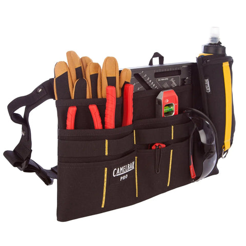 Boss Level Jobsite Utility Waist Pack Featuring Detachable Sixteen Oz Hydration Flask And Eight Rugged Tool Pouches Crafted For Tradesmen Needing Solid Gear Organization And Rapid Sip Access While Tackling The Daily Work Grind Serious, showing multi-pocket waist pack with tools and gloves.