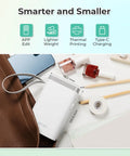 Super Slick Wireless Bluetooth Label Maker With Three Tape Rolls And Protective Case Ultra Compact Pocket Printer displayed on a flat surface with accessories for easy view.