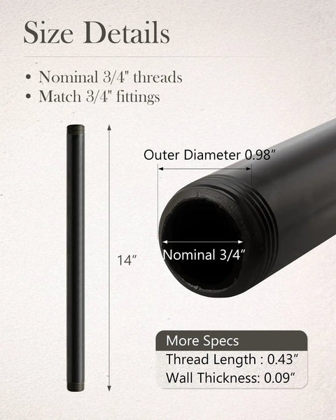 Size details for Ten Pack Three Quarters Inch By Fourteen Inch Black Malleable Iron Pipe Nipples Threaded Both Ends DIY Steampunk