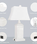 Coastal White Resin Table Lamps Set Of 2 With USB A To C Outlet Modern Nightstand Lamps shown with details and features.