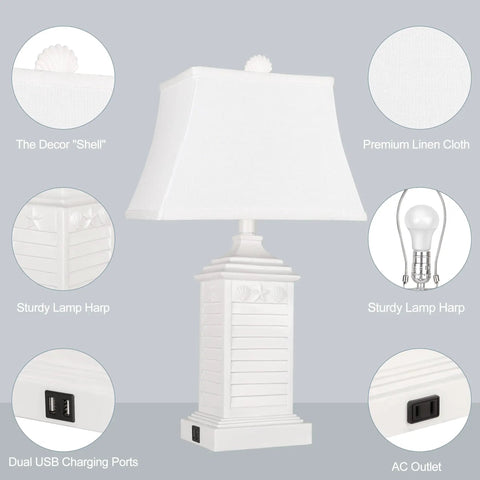 Coastal White Resin Table Lamps Set Of 2 With USB A To C Outlet Modern Nightstand Lamps shown with details and features.