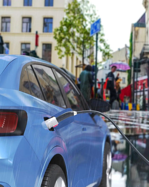 Heavy Duty NACS To J1772 Charging Adapter For Tesla Walls Tops Out At 80 Amp on blue car in rainy urban setting.