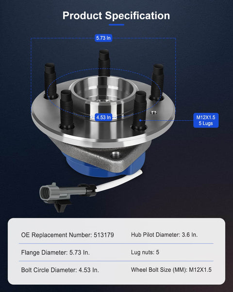 Front Wheel Hub Bearing Assembly 5 Lug With ABS OE 513179 specs and dimensions for GM vehicles