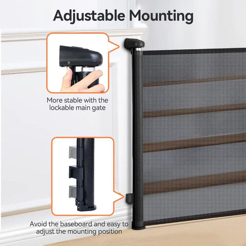 Adjustable mounting feature of Retractable Baby Gate for Stairs and Doorways, 0-71 Inch Adjustable Mesh Gate in black.